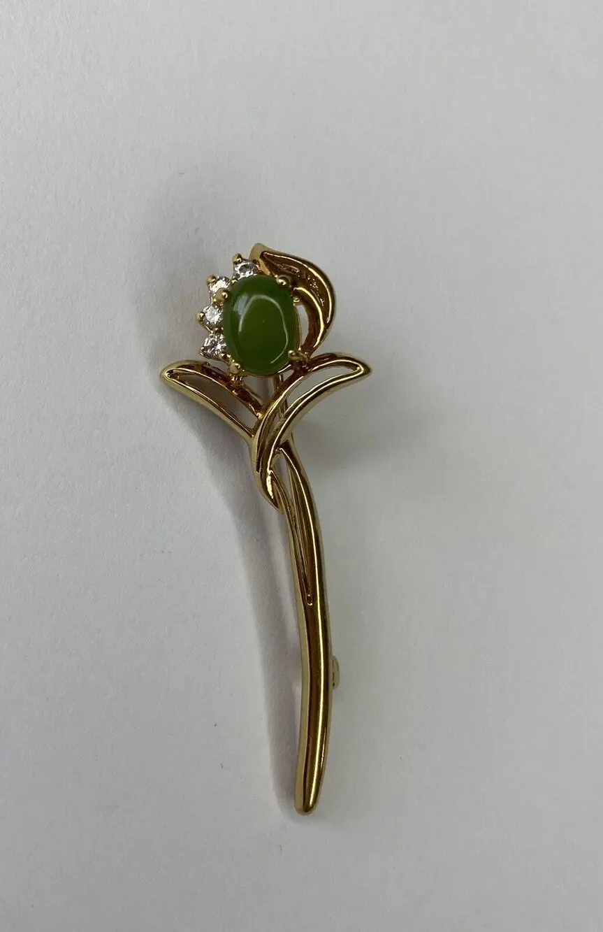 Vintage Gold Tone Pronged Jade Faux‎ Diamonds Brooch Green Flower Pin